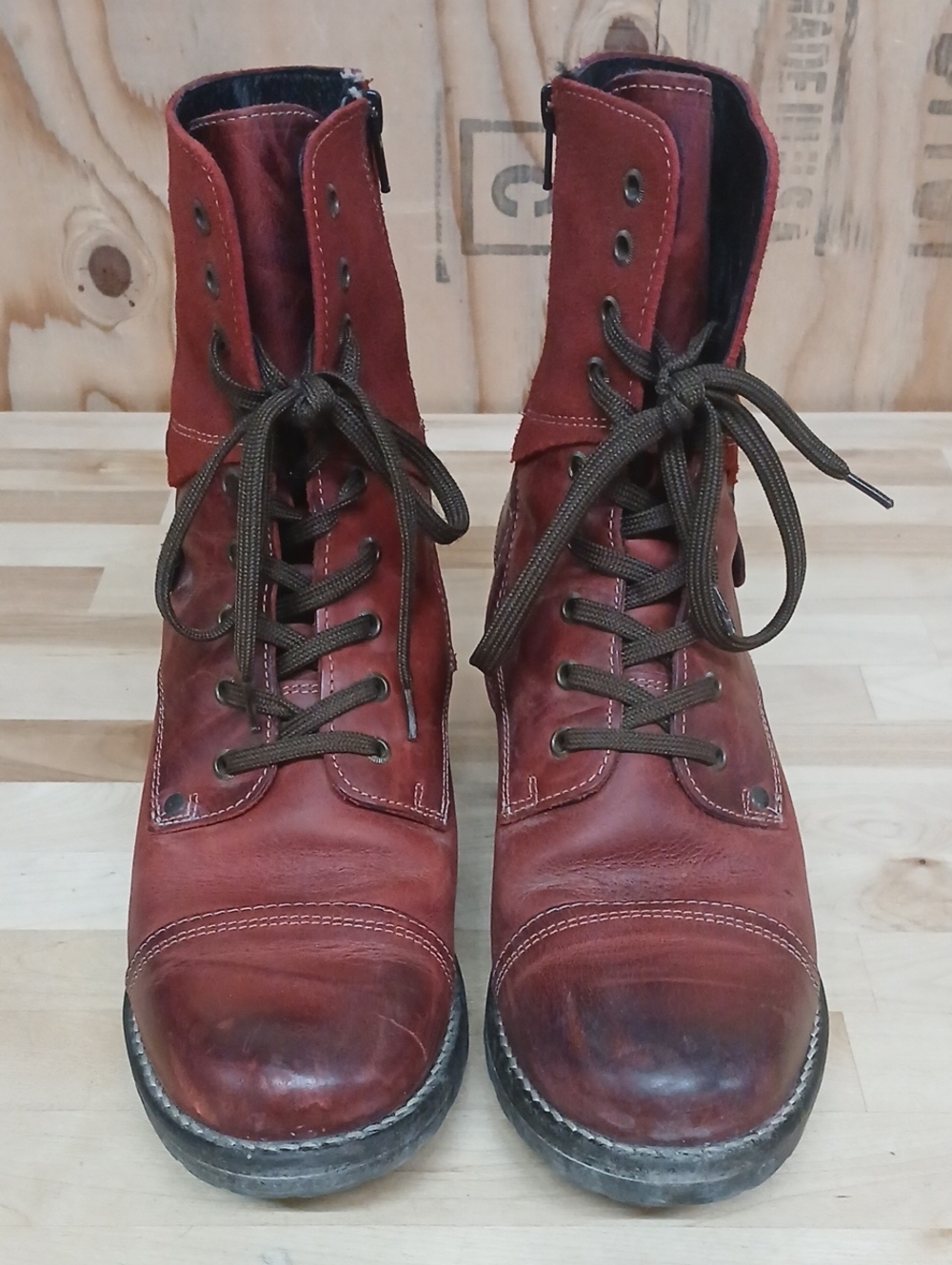 Taos Footwear Red-Brown Leather Lace-Up Combat Boots Zipper Side Size 41 (10) - Picture 2 of 12